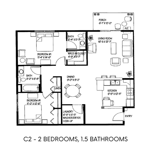 Floor plan for 2 beds, 1.5 baths, 1070 sqft